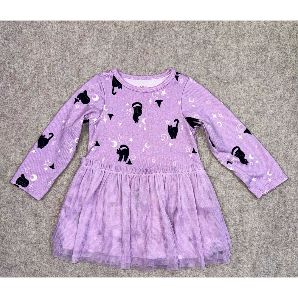 Cat & Jack Girls 12M Purple Black Cat Graphic Tulle Long Sleeve Knee Dress